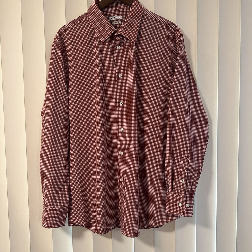 Haggar Slim Fit Red Check Button Up Shirt Mens 17 34/35 Western Plaid